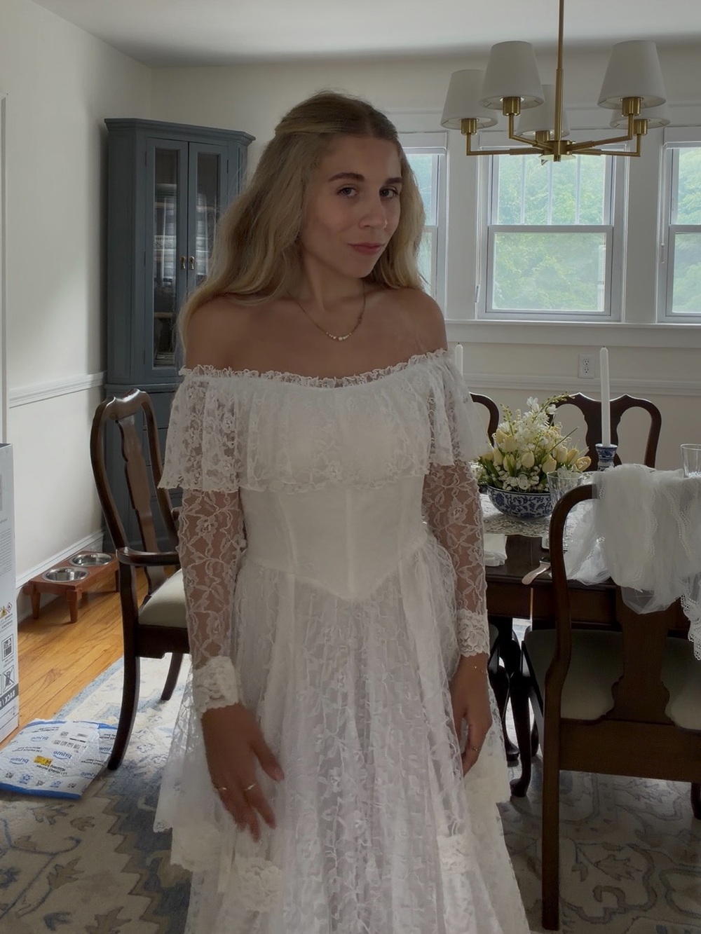 Off-Shoulder Vintage Lace Tier Wedding Dress